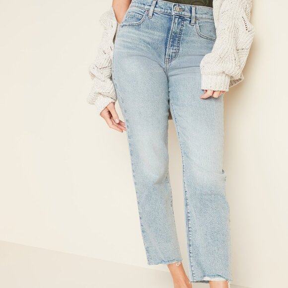 Old Navy Extra High-Waisted Sky-Hi Straight Raw-Hem Jeans for Women - Picture 2 of 6